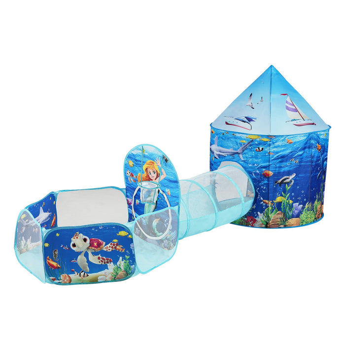 3 In 1 Kids Play Tent With Tunnel Basketball Hoop For Boys Girls Babies And Toddlers Indoor / Outdoor Pop Up Playhouse With Carrying Bag & Banding Straps Birthday Gifts Blue Ocean