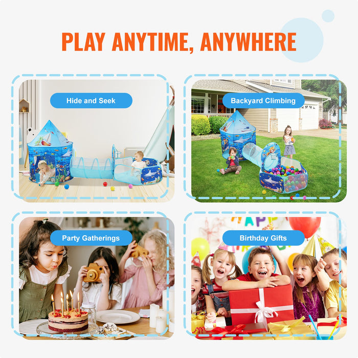 3 In 1 Kids Play Tent With Tunnel Basketball Hoop For Boys Girls Babies And Toddlers Indoor / Outdoor Pop Up Playhouse With Carrying Bag & Banding Straps Birthday Gifts Blue Ocean