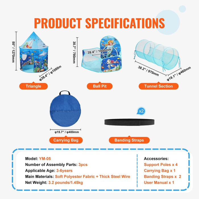 3 In 1 Kids Play Tent With Tunnel Basketball Hoop For Boys Girls Babies And Toddlers Indoor / Outdoor Pop Up Playhouse With Carrying Bag & Banding Straps Birthday Gifts Blue Ocean