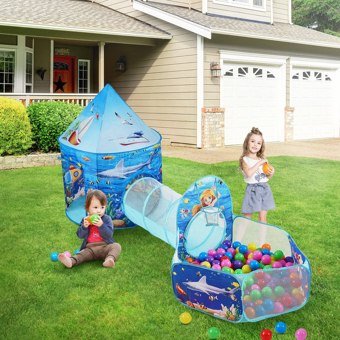 3 In 1 Kids Play Tent With Tunnel Basketball Hoop For Boys Girls Babies And Toddlers Indoor / Outdoor Pop Up Playhouse With Carrying Bag & Banding Straps Birthday Gifts Blue Ocean
