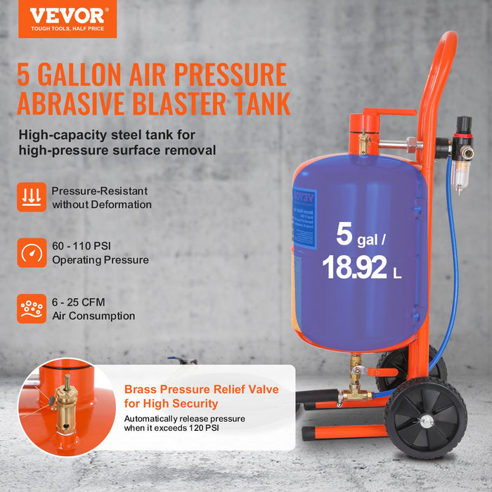 5 Gallon Sand Blaster 60-110 Psi High Pressure Sandblaster With 4 Nozzles