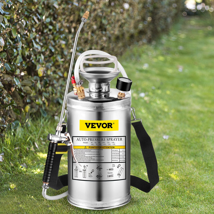 1.5Gal Stainless Steel Sprayer Set With 16" Wand & Handle & 3.3Ft Reinforced Hose Hand Pump Sprayer With Pressure Gauge & Safety Valve Adjustable Nozzle Suitable For Gardening & Sanitizing