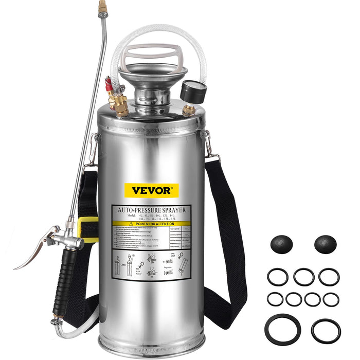 2Gal Stainless Steel Sprayer Set With 20"" Wand & Handle & 3Ft Reinforced Hose Hand Pump Sprayer With Pressure Gauge & Safety Valve Adjustable Nozzle Suitable For Gardening And Sanitizing