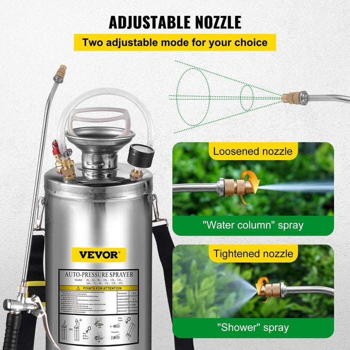 2Gal Stainless Steel Sprayer Set With 20"" Wand & Handle & 3Ft Reinforced Hose Hand Pump Sprayer With Pressure Gauge & Safety Valve Adjustable Nozzle Suitable For Gardening And Sanitizing
