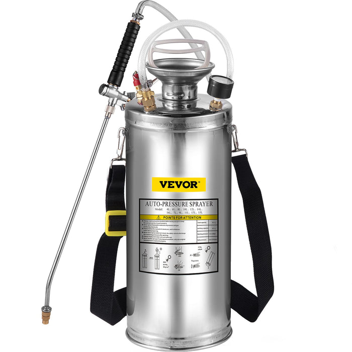 2Gal Stainless Steel Sprayer Set With 20"" Wand & Handle & 3Ft Reinforced Hose Hand Pump Sprayer With Pressure Gauge & Safety Valve Adjustable Nozzle Suitable For Gardening And Sanitizing
