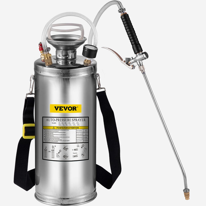 2Gal Stainless Steel Sprayer Set With 20"" Wand & Handle & 3Ft Reinforced Hose Hand Pump Sprayer With Pressure Gauge & Safety Valve Adjustable Nozzle Suitable For Gardening And Sanitizing