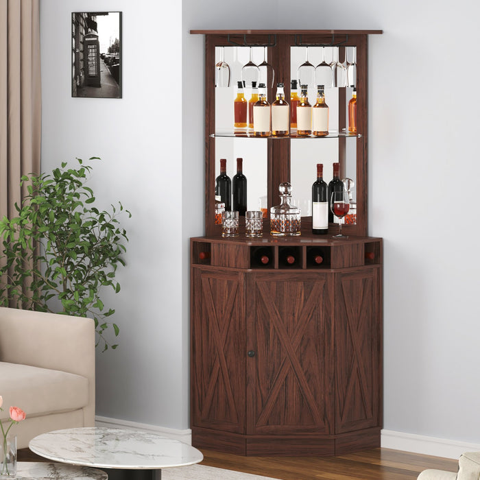 Corner Industrial Bar Cabinet Wine Table For Liquor & Glasses Sideboard Buffet Cabinet With Glass Holder Freestanding Farmhouse Wood Coffee Bar Cabinet For Living Room Home Bar Black Walnut