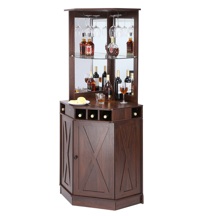Corner Industrial Bar Cabinet Wine Table For Liquor & Glasses Sideboard Buffet Cabinet With Glass Holder Freestanding Farmhouse Wood Coffee Bar Cabinet For Living Room Home Bar Black Walnut