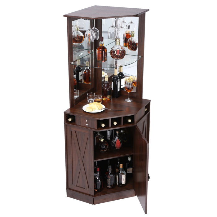 Corner Industrial Bar Cabinet Wine Table For Liquor & Glasses Sideboard Buffet Cabinet With Glass Holder Freestanding Farmhouse Wood Coffee Bar Cabinet For Living Room Home Bar Black Walnut