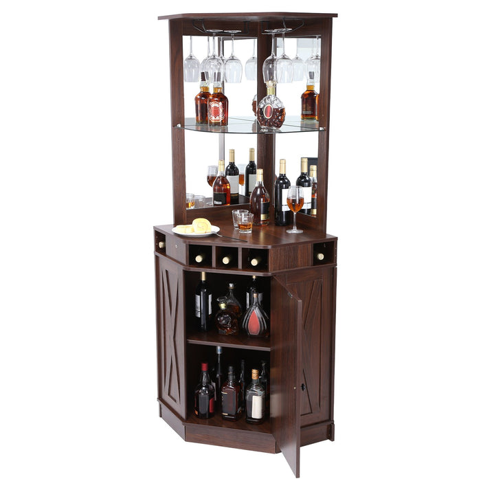 Corner Industrial Bar Cabinet Wine Table For Liquor & Glasses Sideboard Buffet Cabinet With Glass Holder Freestanding Farmhouse Wood Coffee Bar Cabinet For Living Room Home Bar Black Walnut