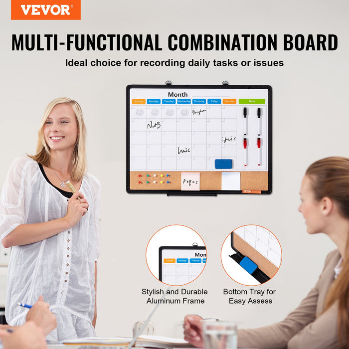 24"X 18" Monthly Calendar Whiteboard & Cork Board Combo With Aluminum Frame – 2-In-1 Magnetic Dry Erase Bulletin Board For Wall Mount – Ideal For School Home Office