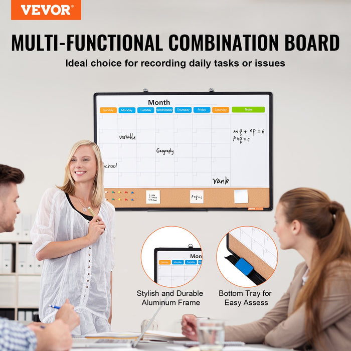 36"X 24" Monthly Calendar Whiteboard & Cork Board Combo With Aluminum Frame – 2-In-1 Magnetic Dry Erase Bulletin Board For Wall Mount – Ideal For School Home Office