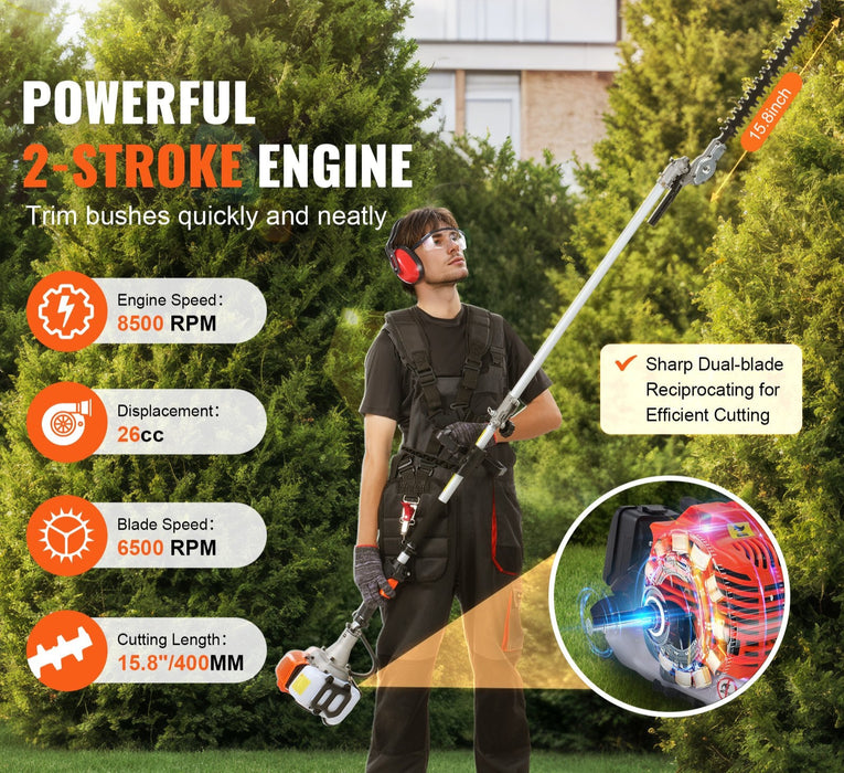 15.7-Inch 26Cc 2 Cycle Gas Hedge Trimmer Gas Powered Pole Hedge Trimmer With Dual Sided Dual Action Blade Adjustable Trimmer Head Suitable For Trimming Shrubs Bushes
