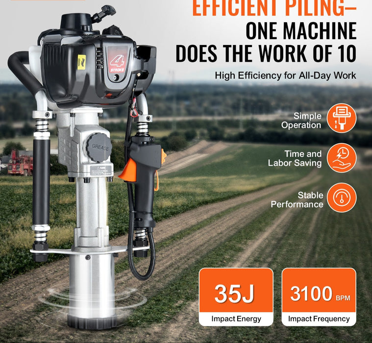 37.77Cc Gas-Powered T Post Driver 4-Stroke Fence Piling Pounder W / 3 Head