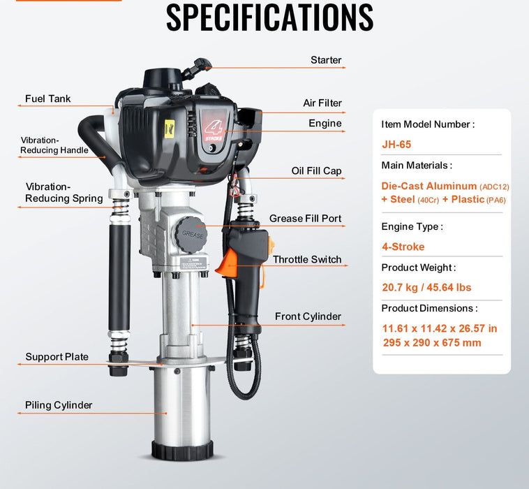 37.77Cc Gas-Powered T Post Driver 4-Stroke Fence Piling Pounder W / 3 Head