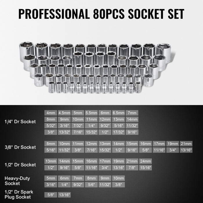 207-Piece Mechanics Tool Set 1/4" 3/8" 1/2" Drive Sockets Sae And Metric