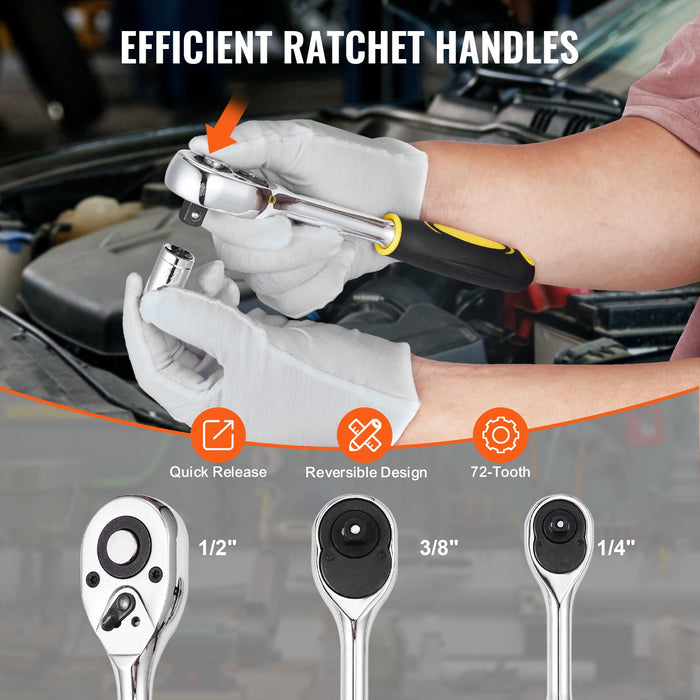 207-Piece Mechanics Tool Set 1/4" 3/8" 1/2" Drive Sockets Sae And Metric
