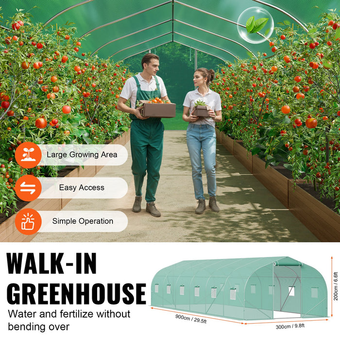 Walk-In Tunnel Greenhouse 29.5X9.8X6.6 Ft Hoop House Greenhouse Tunnel Peaked Roof Plant Hot House With Galvanized Steel Frame Green Pe Cover Roll-Up Zipper Door And 12 Windows For Outdoor