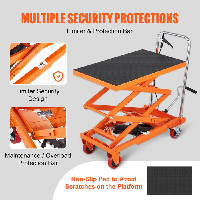 Hydraulic Lift Table Cart 330Lbs Capacity 50" Lifting Height Manual Double Scissor Lift Table With 4 Wheels And Non-Slip Pad Hydraulic Scissor Cart For Material Handling And Transportation