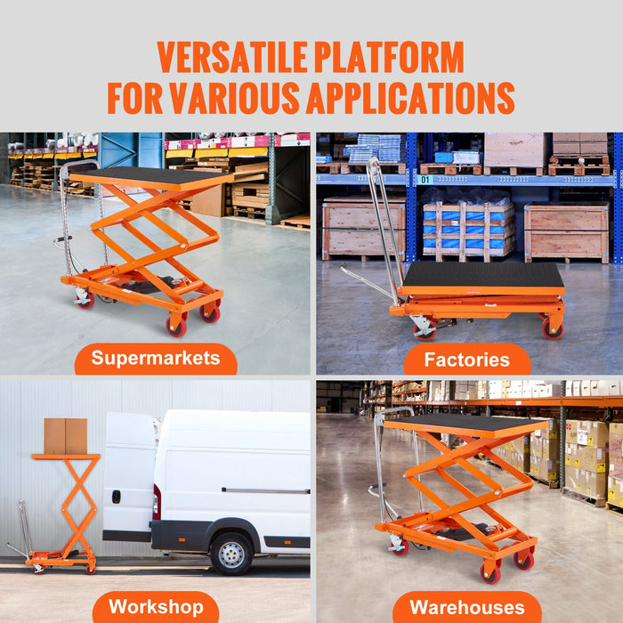 Hydraulic Lift Table Cart 330Lbs Capacity 50" Lifting Height Manual Double Scissor Lift Table With 4 Wheels And Non-Slip Pad Hydraulic Scissor Cart For Material Handling And Transportation