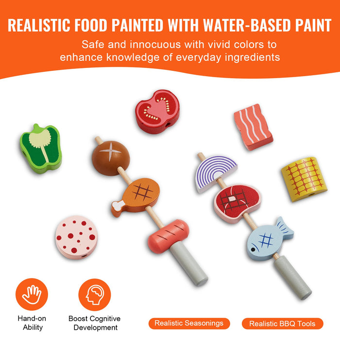 26 Pcs Kids Bbq Grill Playset Wooden Cooking Grill Toy Set Pretend Sound