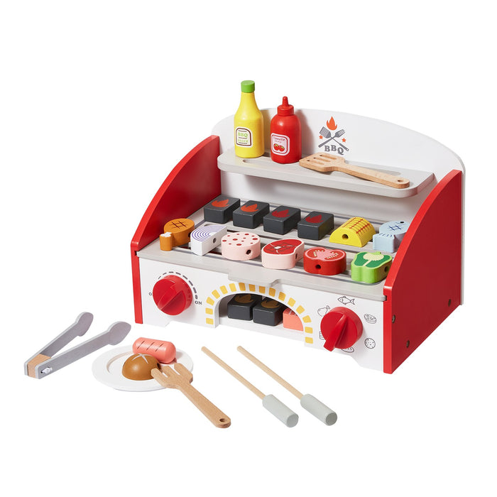 26 Pcs Kids Bbq Grill Playset Wooden Cooking Grill Toy Set Pretend Sound