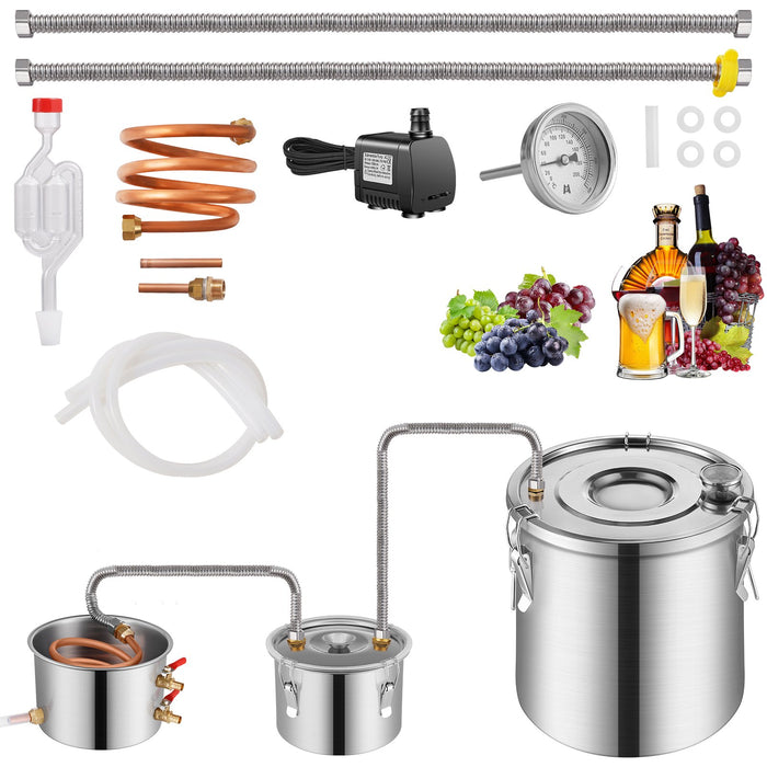 Alcohol Still 5 Gal / 19 L Stainless Steel Water Alcohol Distiller With Copper Coil For Fast Cooling Dual Condenser Distiller Kit With Secondary Distillation For Wine Whisky Brandy Silver