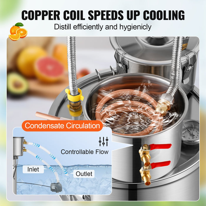 Alcohol Still 5 Gal / 19 L Stainless Steel Water Alcohol Distiller With Copper Coil For Fast Cooling Dual Condenser Distiller Kit With Secondary Distillation For Wine Whisky Brandy Silver