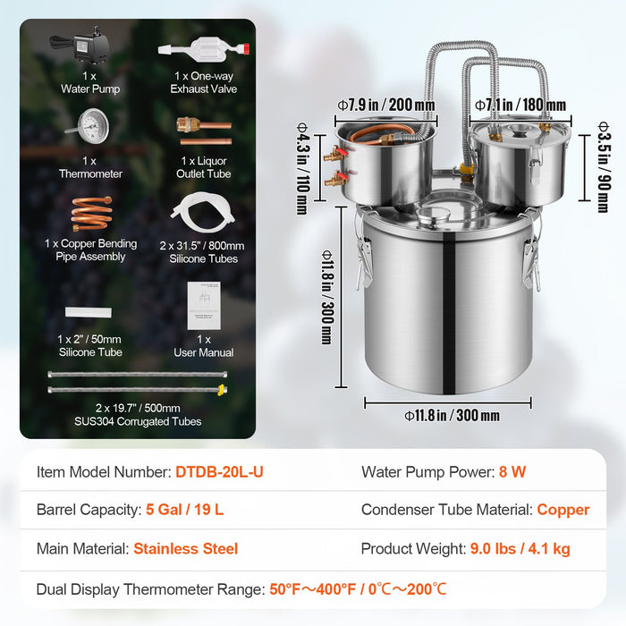 Alcohol Still 5 Gal / 19 L Stainless Steel Water Alcohol Distiller With Copper Coil For Fast Cooling Dual Condenser Distiller Kit With Secondary Distillation For Wine Whisky Brandy Silver