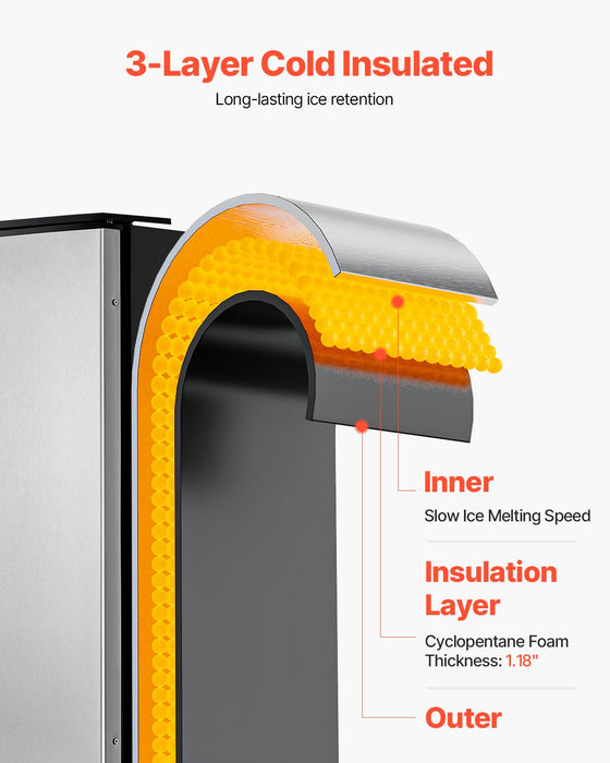 Undercounter Built-In Ice Maker 80 Lbs / Day Under Counter Ice Maker Machine With Reversible Door Stainless Steel Freestanding Ice Maker For Commercial Home Kitchen Electric Drainage