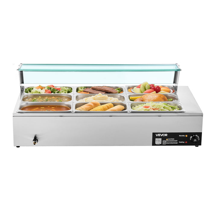 Commercial Food Warmer 1500W Electric Stainless Steel Steam Food Warmer With Glass Cover 9-Pan Countertop Buffet Bain Marie With Soup & Perforated Ladles For Catering Restaurant & Party