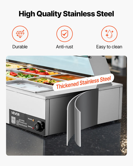 Commercial Food Warmer 1500W Electric Stainless Steel Steam Food Warmer With Glass Cover 9-Pan Countertop Buffet Bain Marie With Soup & Perforated Ladles For Catering Restaurant & Party