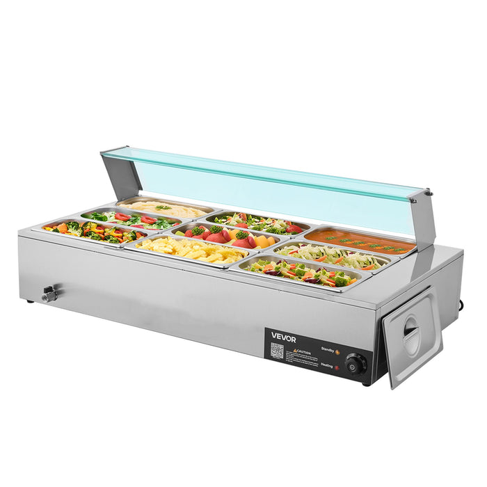 Commercial Food Warmer 1500W Electric Stainless Steel Steam Food Warmer With Glass Cover 9-Pan Countertop Buffet Bain Marie With Soup & Perforated Ladles For Catering Restaurant & Party