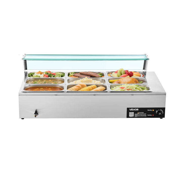 Commercial Food Warmer 1500W Electric Stainless Steel Steam Food Warmer With Glass Cover 9-Pan Countertop Buffet Bain Marie With Soup & Perforated Ladles For Catering Restaurant & Party