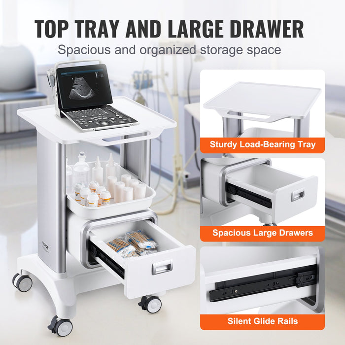 2 Tiers Lab Carts Mobile Medical Cart With 1 Drawer & 1 Top Tray White