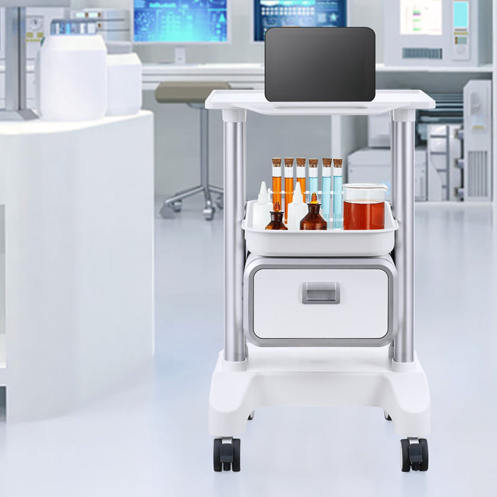 2 Tiers Lab Carts Mobile Medical Cart With 1 Drawer & 1 Top Tray White