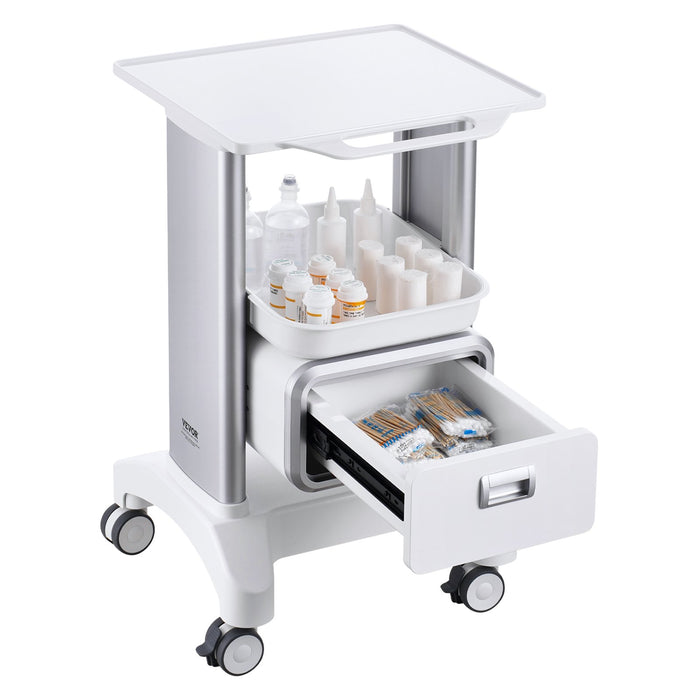 2 Tiers Lab Carts Mobile Medical Cart With 1 Drawer & 1 Top Tray White