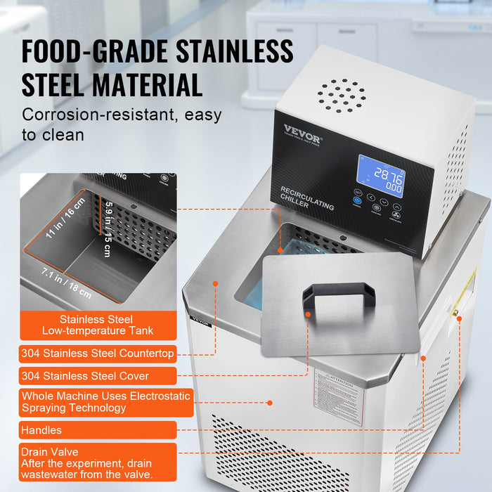 Laboratory Chiller Circulator 6L Chiller Lab Low Temperature Cooling Liquid 23°F-212°F Circulator Pump Chiller Lcd Display 304 Stainless Steel Water Bath Recirculating Water Cooling Chiller