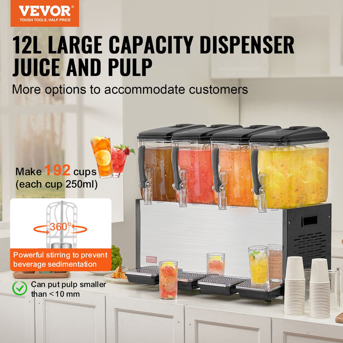 Commercial Beverage Dispenser 4 Tanks 12 L Per Tank Juice Dispenser 510W Stainless Steel Ice Tea Drink Machine With 7℃-12℃ Cooling Temperature For Cold Drink Restaurant Bar Party