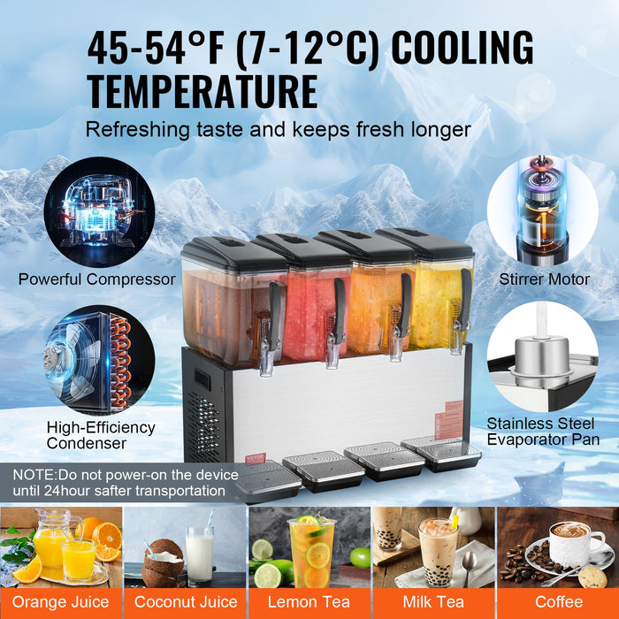 Commercial Beverage Dispenser 4 Tanks 12 L Per Tank Juice Dispenser 510W Stainless Steel Ice Tea Drink Machine With 7℃-12℃ Cooling Temperature For Cold Drink Restaurant Bar Party