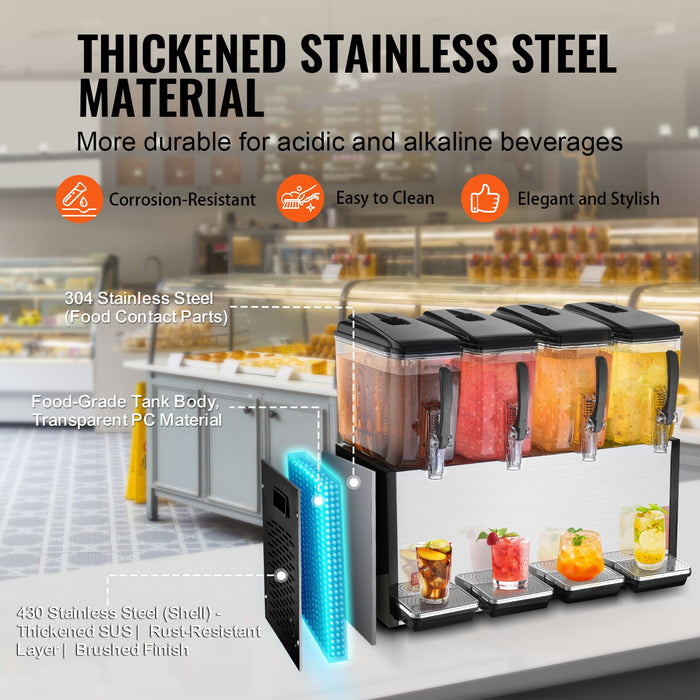 Commercial Beverage Dispenser 4 Tanks 12 L Per Tank Juice Dispenser 510W Stainless Steel Ice Tea Drink Machine With 7℃-12℃ Cooling Temperature For Cold Drink Restaurant Bar Party