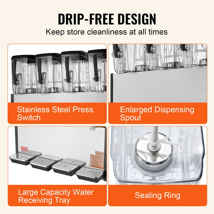 Commercial Beverage Dispenser 4 Tanks 12 L Per Tank Juice Dispenser 510W Stainless Steel Ice Tea Drink Machine With 7℃-12℃ Cooling Temperature For Cold Drink Restaurant Bar Party