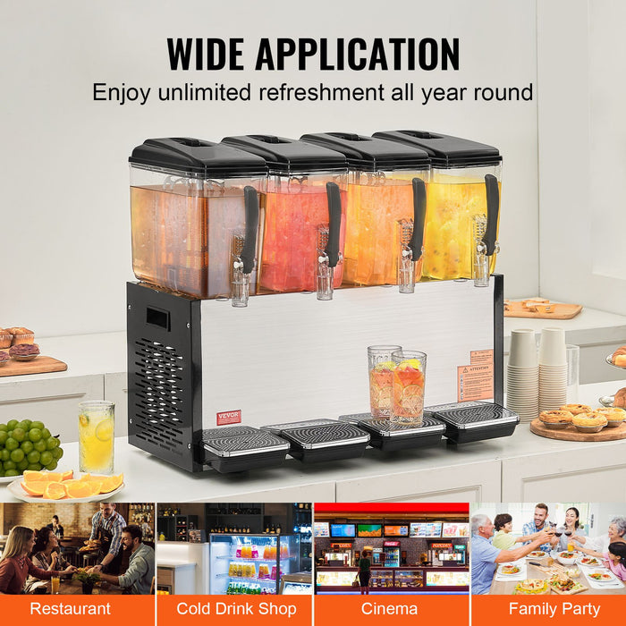 Commercial Beverage Dispenser 4 Tanks 12 L Per Tank Juice Dispenser 510W Stainless Steel Ice Tea Drink Machine With 7℃-12℃ Cooling Temperature For Cold Drink Restaurant Bar Party