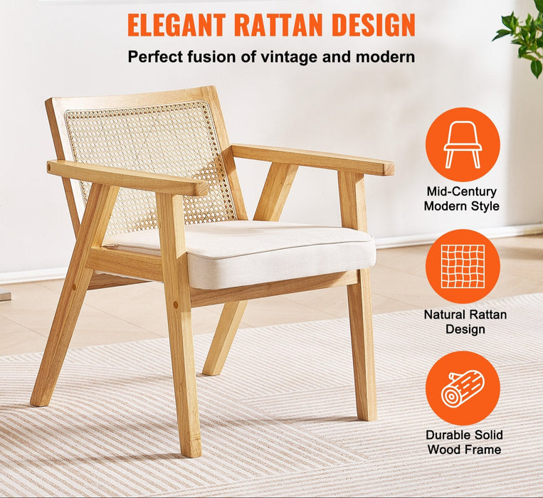 Rattan Chair Mid Century Modern Dining Chair With Armrest Upholstered Chair With Rattan Back Retro Rattan Dining Room Kitchen Chair For Living Room Bedroom Reading Room And Office Beige