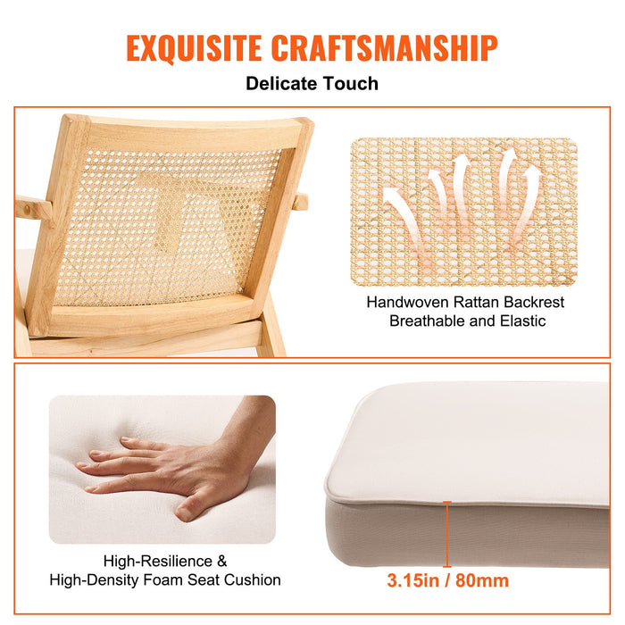 Rattan Chair Mid Century Modern Dining Chair With Armrest Upholstered Chair With Rattan Back Retro Rattan Dining Room Kitchen Chair For Living Room Bedroom Reading Room And Office Beige