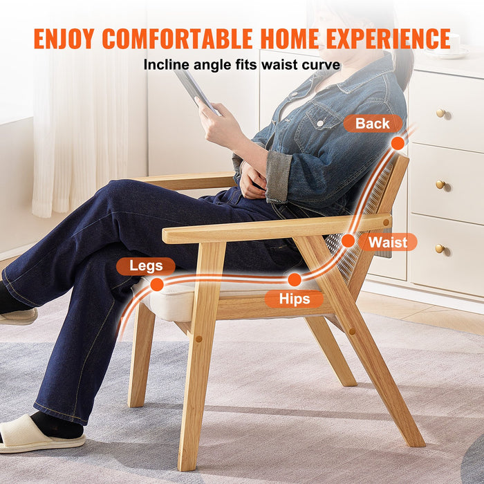 Rattan Chair Mid Century Modern Dining Chair With Armrest Upholstered Chair With Rattan Back Retro Rattan Dining Room Kitchen Chair For Living Room Bedroom Reading Room And Office Beige