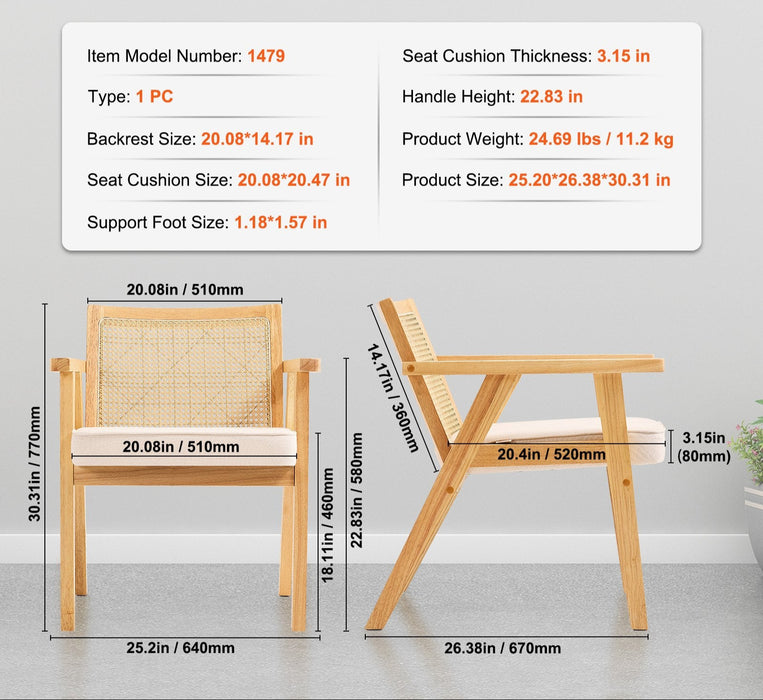 Rattan Chair Mid Century Modern Dining Chair With Armrest Upholstered Chair With Rattan Back Retro Rattan Dining Room Kitchen Chair For Living Room Bedroom Reading Room And Office Beige