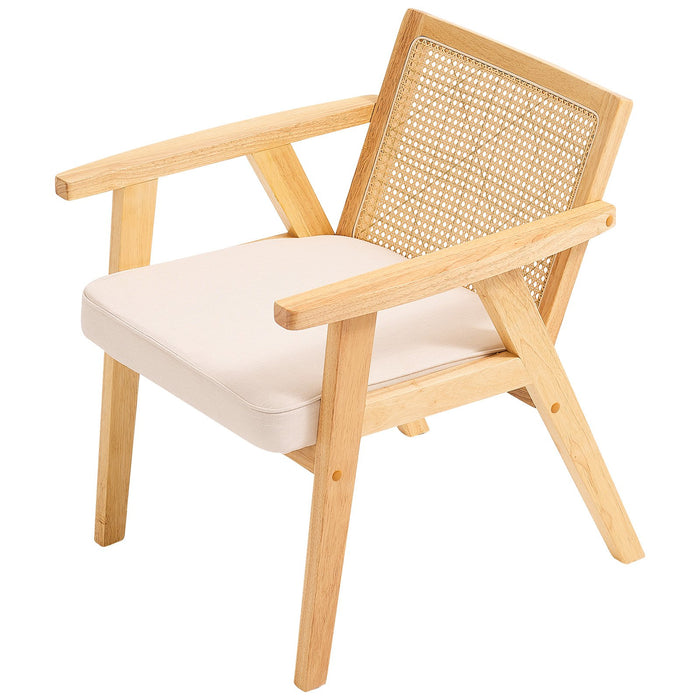 Rattan Chair Mid Century Modern Dining Chair With Armrest Upholstered Chair With Rattan Back Retro Rattan Dining Room Kitchen Chair For Living Room Bedroom Reading Room And Office Beige