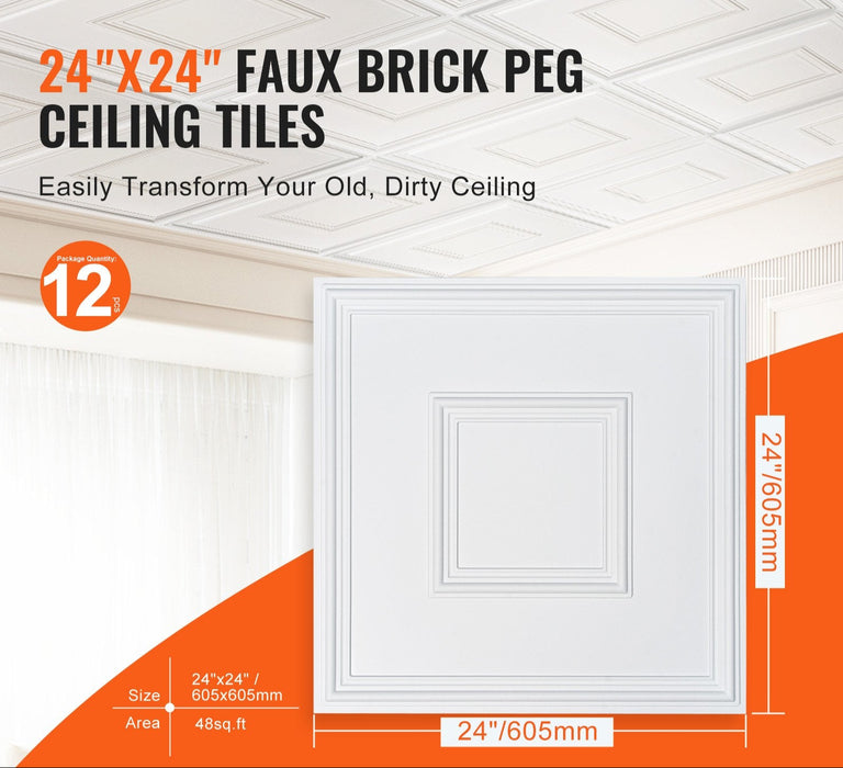 12-Pack Ceiling Tiles 24 X 24 In Pvc Easy Installation White Geometric
