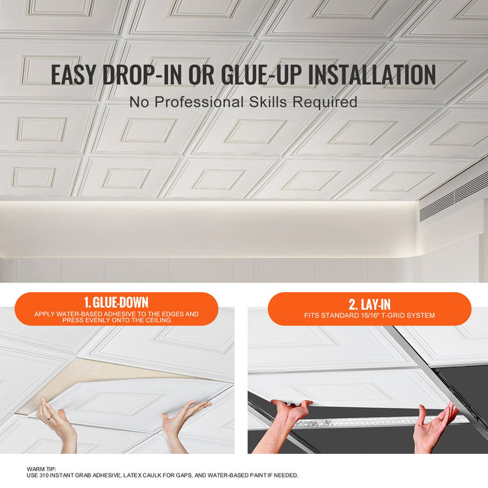 12-Pack Ceiling Tiles 24 X 24 In Pvc Easy Installation White Geometric